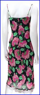 Betsey Johnson Vtg Y2K Womens XS Floral Silk Chiffon Dress Bias Beaded Slip Rose