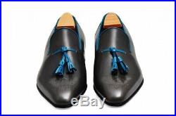 Black Color Loafer Slip Ons Blue Tassel Brogue Toe Vintage Leather Dress Shoes