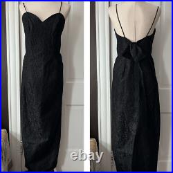 Black Lace Evening Gown Vintage 80s 90s Maxi Slip Dress Back Split Bow Detail S