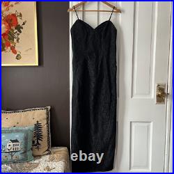 Black Lace Evening Gown Vintage 80s 90s Maxi Slip Dress Back Split Bow Detail S