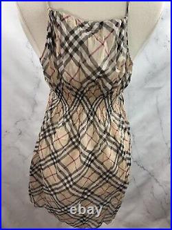Burberry London Nova Check Print Dress Sz M Smocked Cotton Front Tie Spaghetti