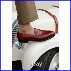 Burgundy Color Penny Loafer Slip On Vintage Leather Matching Black Sole Shoes