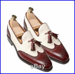 Burgundy White Tassel Loafer Slip On Brogue Wing Tip Suede Leather Dress Shoes