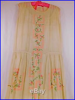 C. 1930s Vintage Sheer Cotton Embroidered Garden Tea Dress with Crocheted Top Slip