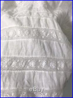 CA- Antique vtg Victorian Edwardian sheer white lace long slip dress gown XS/S
