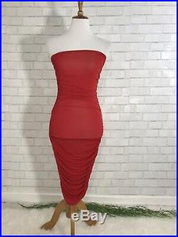 CELINE Vintage Red Strapless Sheer Ruched Gathered Fitted Slip Dress Size Small