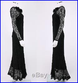 COUTURE c. 1930's BLACK LACE BIAS CUT VTG FULL LENGTH EVENING DRESS SLIP Size XS