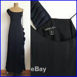 CYNTHIA ROWLEY Navy Black Pleated Slip Dress Asymmetrical Maxi Minimalist Gown