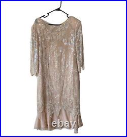 Cache Vintage Nude Cream 100% Silk Hand Beaded Sequin Dress Party Cocktail Sz M