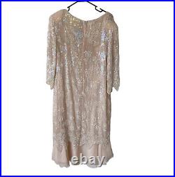 Cache Vintage Nude Cream 100% Silk Hand Beaded Sequin Dress Party Cocktail Sz M