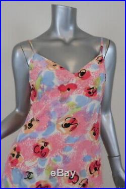 Chanel Boutique Vintage Tank Dress Pink Floral Print Silk Size 38 Slip Dress
