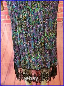 Cher Jacque Vtg Ladies Crinkled purple & green Lace trim Dress USA MADE, O/S