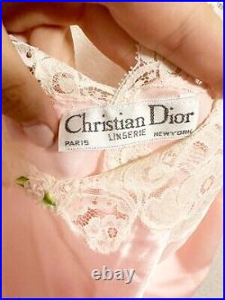 Christian Dior Vintage Union Made Maxi Slip Dress Floral Lace Trim Satin Medium