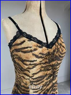 D&G Vintage Dress Tiger Print Slip Soft Faux Fur Lace Y2K Dolce & Gabbana 90s
