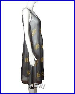 DRIES VAN NOTEN-1990s Grey Floral Chiffon Dress, Size-6