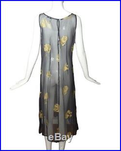 DRIES VAN NOTEN-1990s Grey Floral Chiffon Dress, Size-6