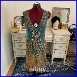 Deco Haus 1920's Vintage Recreation Flapper Beaded Fringe Gatsby Party Gown