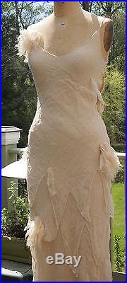 Deconstructed ivory silk chiffon bias cut slip dress with beading size 6