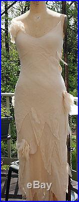 Deconstructed ivory silk chiffon bias cut slip dress with beading size 6
