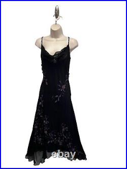ECI New York Vintage 90s Y2K Fairy Silk Bias Slip Dress Black Purple Rosettes 14