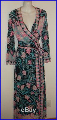 EMILIO PUCCI Vtg Pink Black Multi Signed Floral Slip Dress Gown & Robe Set SZ S