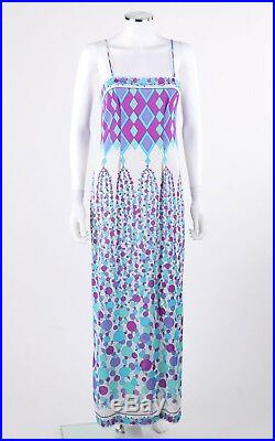 EMILIO PUCCI c. 1970's Blue Multicolor Geometric Signature Print Maxi Slip Dress