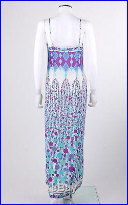 EMILIO PUCCI c. 1970's Blue Multicolor Geometric Signature Print Maxi Slip Dress