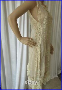 EXQUISITE ANTIQUE 1920's EMBROIDERED LAWN & MIXED FRENCH LACE SLIP DRESS S/M