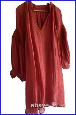 Early Kinga Csilla Super Vintage Muslin Rust Sheer Dress M Matching Slip Cotton