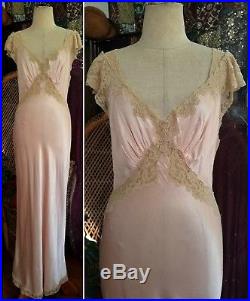 Elegant 1930s Bias Satin Lace Negligee Chemise Slip Dress Vintage Antique 30s