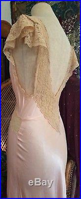 Elegant 1930s Bias Satin Lace Negligee Chemise Slip Dress Vintage Antique 30s