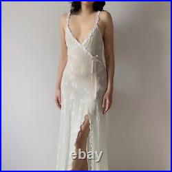 Elegant Claire Pettibone Pastel Green Lace Semi-Sheer Slip Gown (Medium)