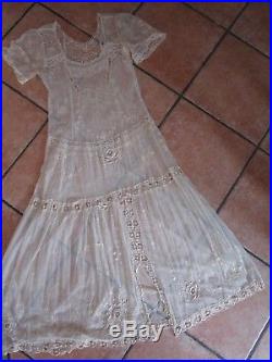 Elegant Lace Mesh Upcycled Dress Slip Vintage Ivory Bridal Tea Length