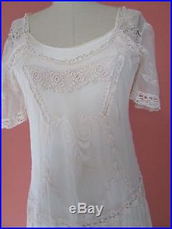 Elegant Lace Mesh Upcycled Dress Slip Vintage Ivory Bridal Tea Length
