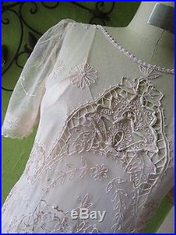 Elegant Vintage Lace Mesh Upcycled Dress Slip Bridal Tea Length Peach