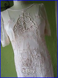 Elegant Vintage Lace Mesh Upcycled Dress Slip Bridal Tea Length Peach