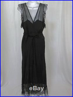 Exquisite Vtg 1930s Black Chiffon Bias Cut Evening Dress & Slip M Dotted Net