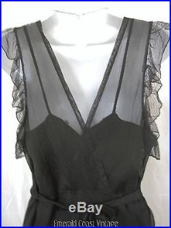 Exquisite Vtg 1930s Black Chiffon Bias Cut Evening Dress & Slip M Dotted Net
