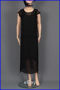 FABULOUS AUTHENTIC ART DECO 1920'S ELABORATELY BEADED BLACK FLAPPER DRESS WithSLIP