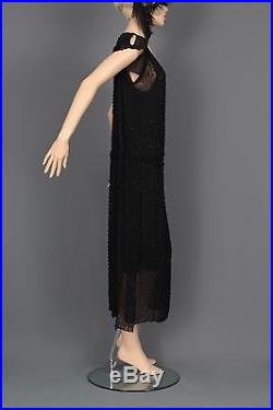 FABULOUS AUTHENTIC ART DECO 1920'S ELABORATELY BEADED BLACK FLAPPER DRESS WithSLIP
