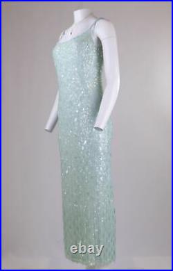 FRANK USHER Vtg 80s Mermaid Peppermint Blue Sequin Maxi Party Occasion Dress 14