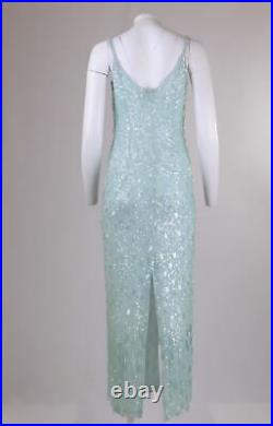 FRANK USHER Vtg 80s Mermaid Peppermint Blue Sequin Maxi Party Occasion Dress 14
