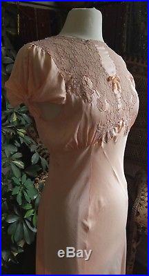 Flawless 1930s Vintage Bias Silk Lace Slip Dress Antique 30s Blush Pink Taupe