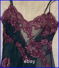 Fredericks Of Hollywood Jacalyn Bennett Silk Slip Dress Small Beaded Sheer Black