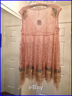 Free People Deep Sleep Slip Dress Pink Beaded Fairy Gatsby Vintage M Nwt $198