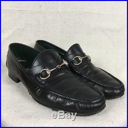 GUCCI Horsebit Mens Size 44.5 D. Loafers Black Leather Slip Shoes Vintage Italy