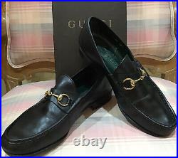 GUCCI Men 9.5/43.5 Vintage Black Leather Gold Horsebit Loafers Slip On Shoes