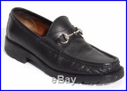 GUCCI Mens VINTAGE Black-Leather Silver-Horsebit Loafers Slip-On Dress Shoes 8.5