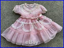 Girls Vintage 1950s Pink Sheer Lace Party Dress Princess Twirl Kawaii With Slip