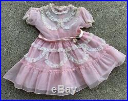 Girls Vintage 1950s Pink Sheer Lace Party Dress Princess Twirl Kawaii With Slip